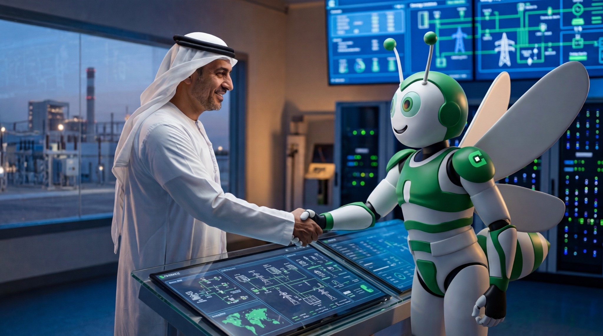 Saeed, the CEGENCE Cyber Hero, greeting an industrial leader in an operational control environment